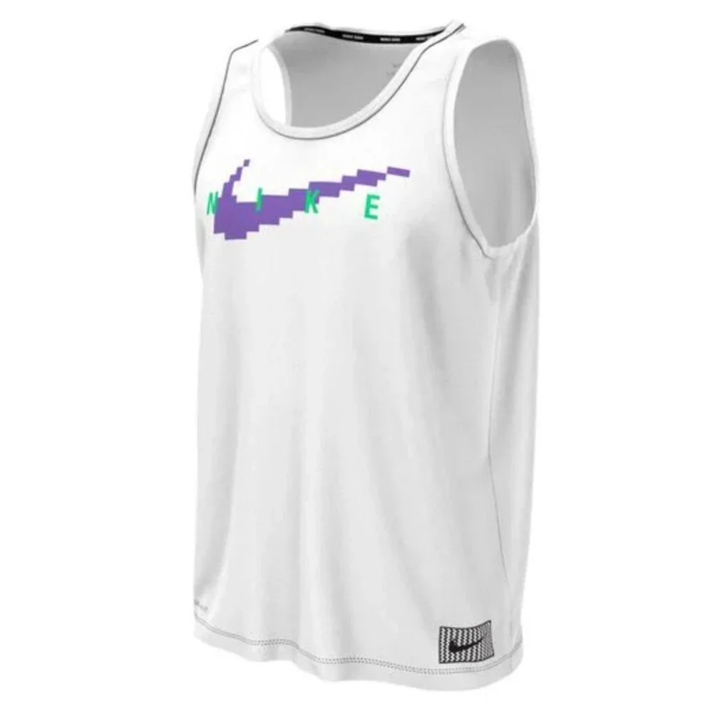 Nike SWIM RI-FIT Digi Logo Tank Top Shirt White NESSD668 Men's Large New with Ta